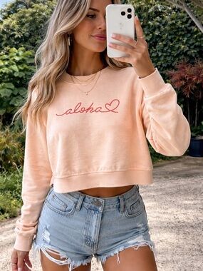 Peach Cropped 'Aloha' Sweatshirt - Women